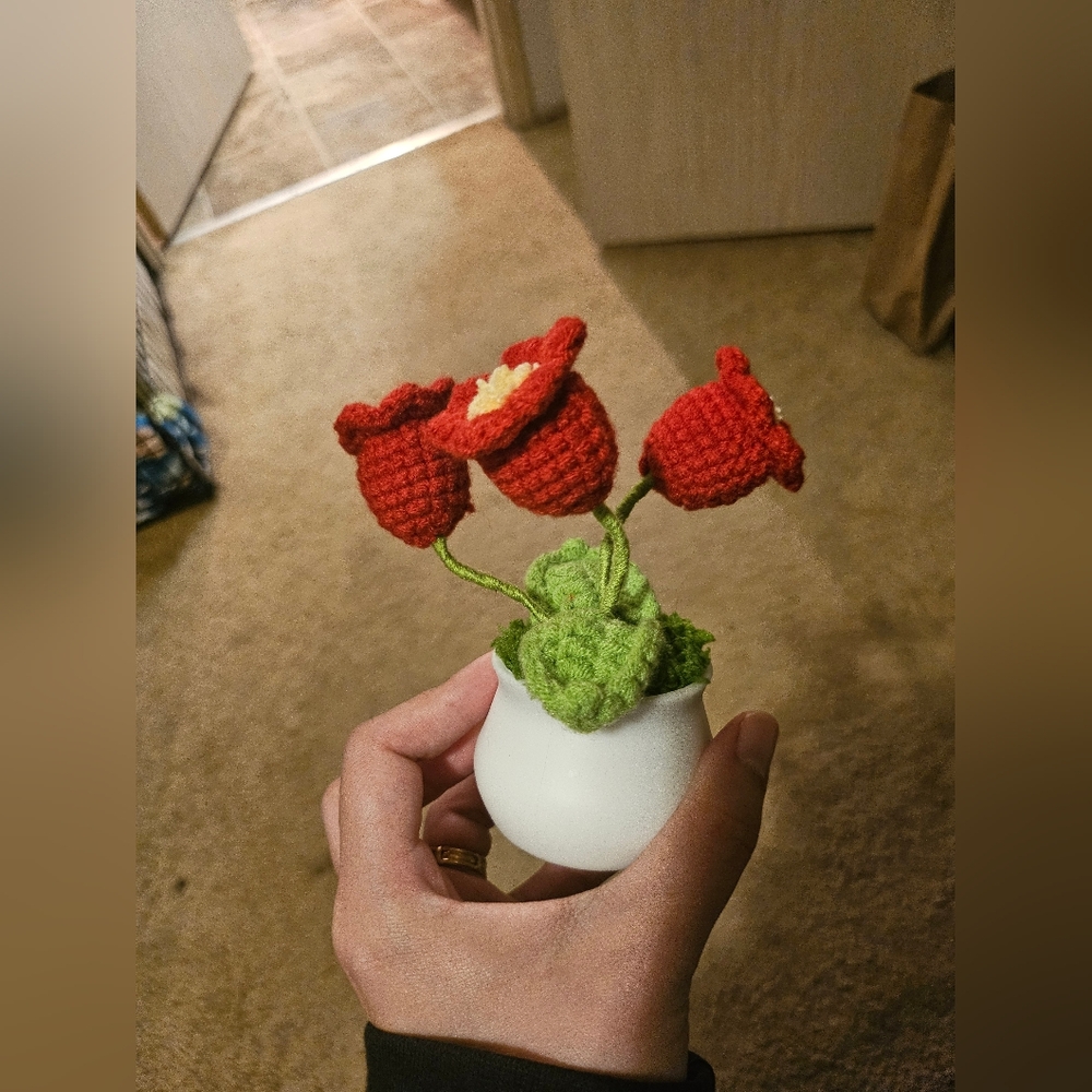 Crochet Red Flower Arrangement in Mini Vase – Handcrafted